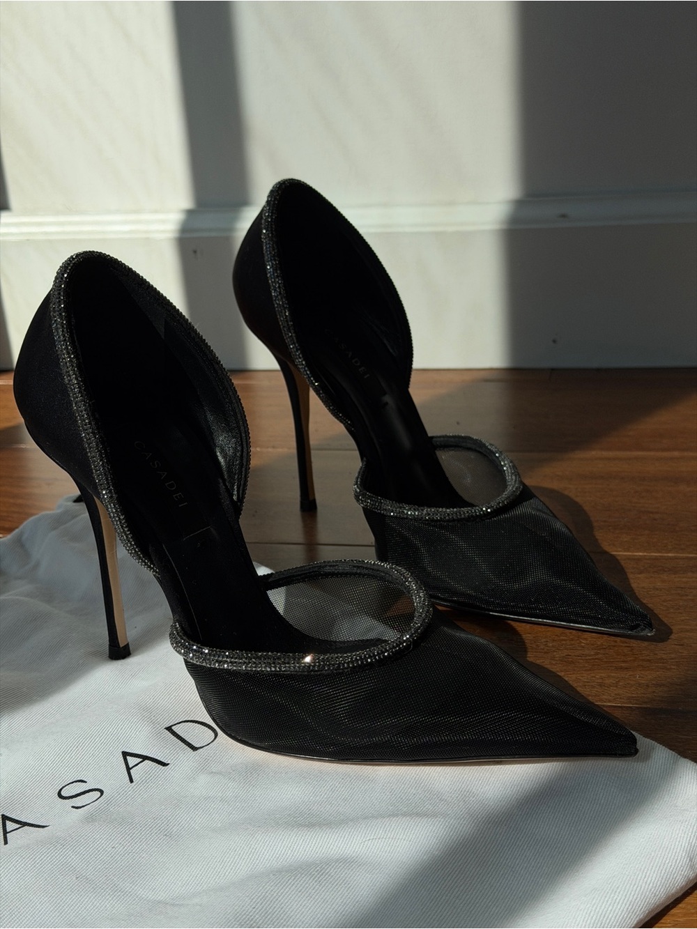 Casadei Black Pointed Mesh Stilettos with Crystal-Trim